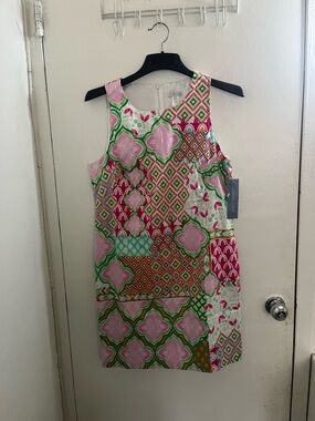 London Times Pink Green Multi-Pattern Sleeveless Shift Dress